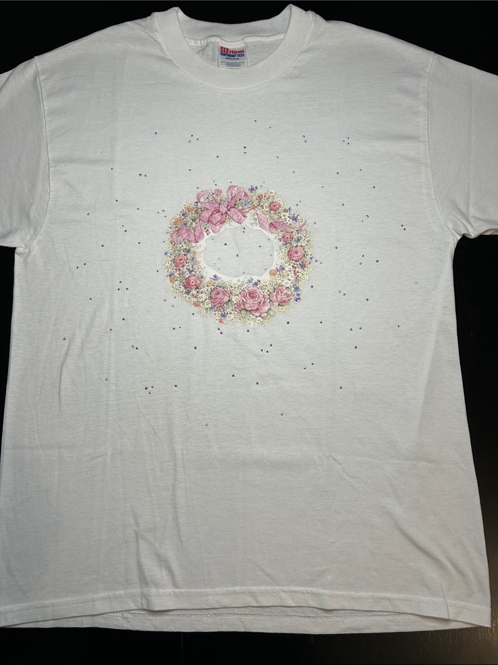 Hanes White Short Sleeve Tee with Pink Floral Wreath grandma core vintage style